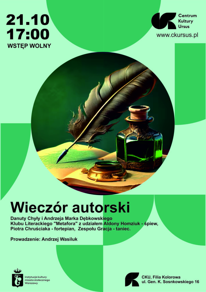Plakat wydarzenia: Wieczór autorski Danuty Chyły oraz Andrzeja Marka Dębkowskiego z Klubu Literackiego „Metafora”